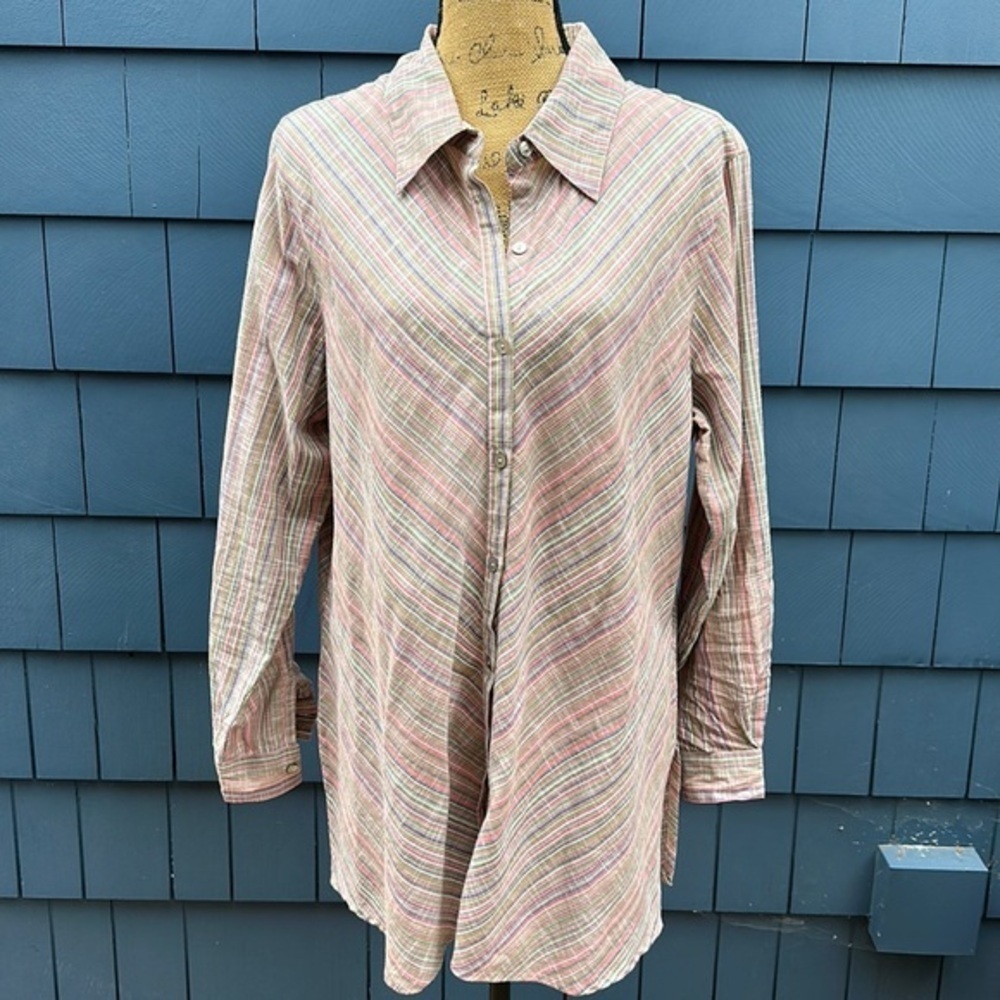 💜🩷💜Coldwater creek, bias, button-down cotton, top shirt, striped pink blue